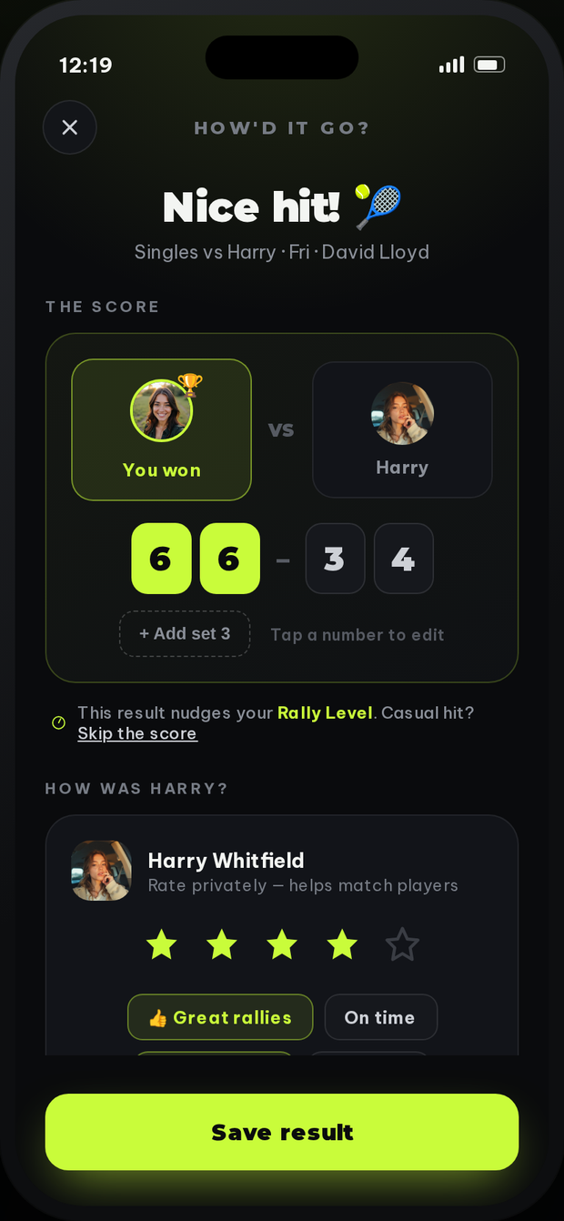 Logging a won match in Rally